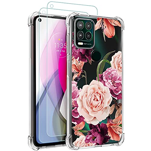 Osophter for Moto G Stylus 5G Case with 2pcs Screen Protector Flower Floral for Girls Women Shock-Absorption Flexible TPU Rubber Phone Cover for Motorola Moto G Stylus 5G(Purple Flower)