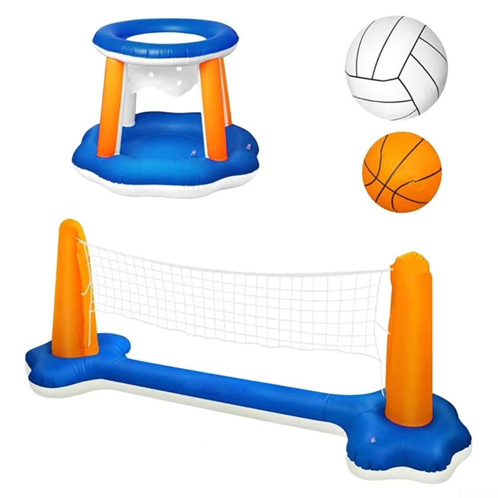 PureBowlic Inflatable Pool Volleyball Set With Basketball Hoop, PVC Floating Water Game Toy For Kids And Adults, Easily Inflate Court For Summer Parties, 120X38x30in
