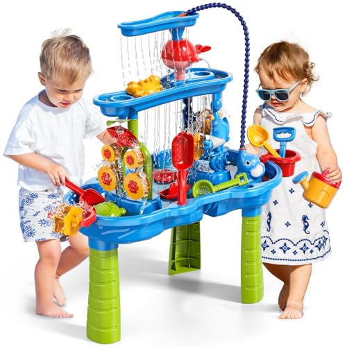 3-Tier Water Table with Pump for Toddlers Kids Ages 3-5 4-8, Outdoor Water and Sand Table Beach Toys, Toddler Activity Sensory Water Sand Table with Rain Showers Splash Pond for Kids Boys Girls