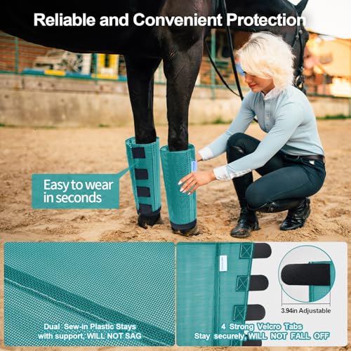 Image of Mesh Horse Fly Boots Set of 4, Loose Fitting Leggings for Horses, Reduce Stressful Stomping, Breathable Adjustable and Universal Fit for 4 Legs, Reliable Stay Put (Turquoise)