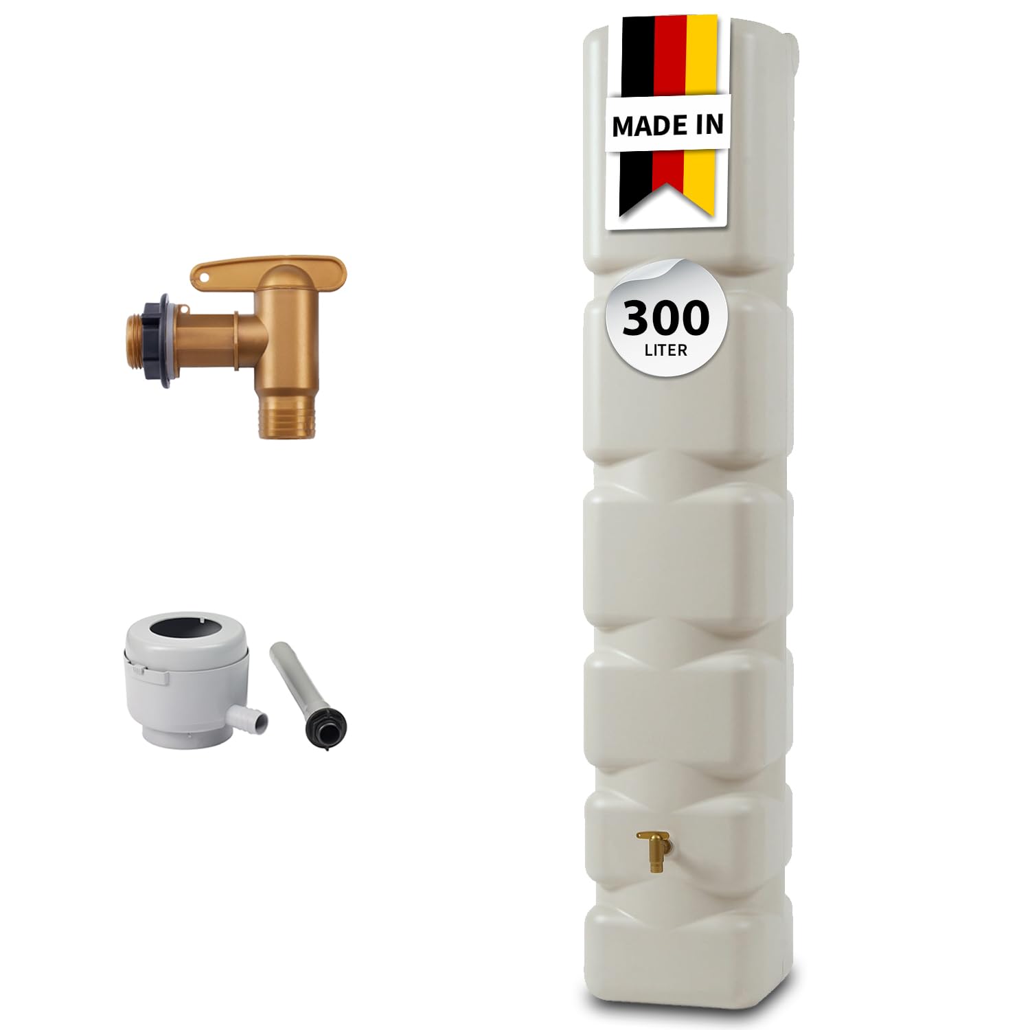 4rain Basic Regentonne Komplett-Set 300 Liter sandbeige | inkl. Kunststoff-Auslaufhahn und Fallrohranschluss Wandtank, Wassertank, Regenwassertonne, Regenwassertank, Wasserbehälter