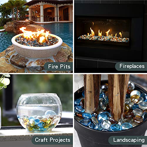 Mr. Fireglass 10 Pound Blended Fire Glass Beads, 1/2" High Luster Mixed Colored Fire Glass Drops for Fireplace Fire Pit & Lanscaping, Caribbean Blue, Crystal Ice, Caramel