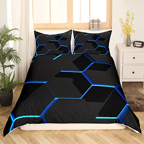 Blue Honeycomb Duvet Cover Geometric Honeycomb Comforter Cover Hexagon Bedding Set Honeycomb Bedspread Cover Simplistic Decor King Size Bedclothes Zipper - Image 2