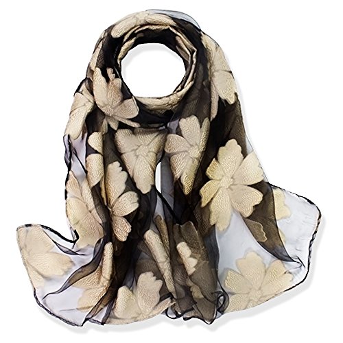 Materiale: organza YFZYT Elegante Wrap Donna Scialle di Seta Chiffon delle Sciarpe della Sciarpa con Motivo Foglie Ricamate - Fiore Beige