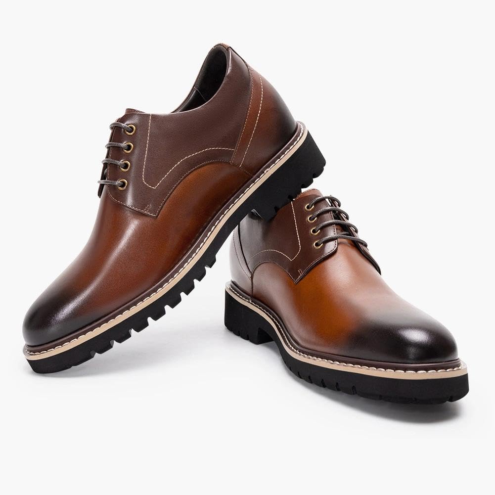 CHAMARIPA Scarpe Rialzate Uomo 8 cm Aumento Altezza Invisibile, Derby Elegante a Punta Tonda in Pelle Pieno Fiore, Marrone 40EU