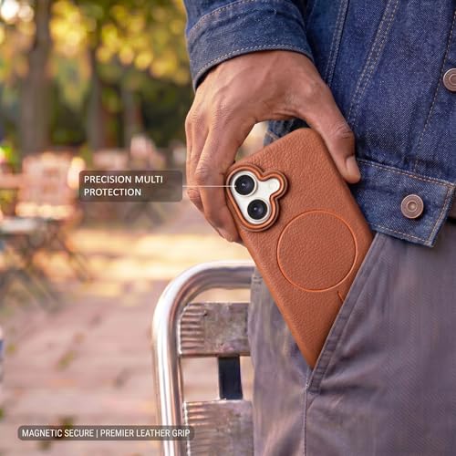 Image of amazon basics Luxury MagSafe Compatible Leather Texture Back Cover for iPhone 16 | Raised Camera Protection | Slim Fit Shockproof Case with Metallic Accents (Orange)