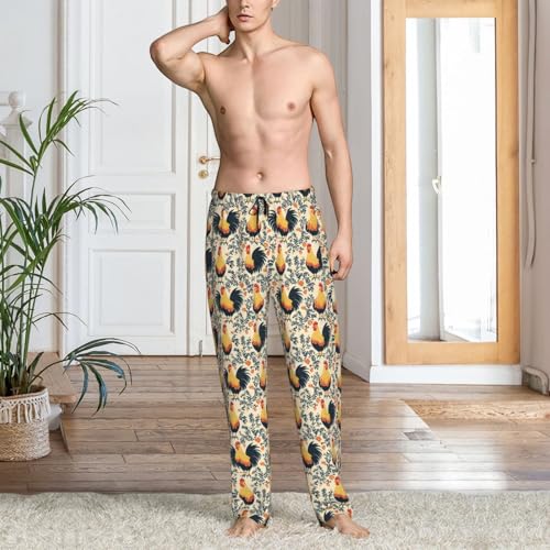Mens Pajama Pants - Plant Rooster Print Soft Sleep Lounge Pants For Men, Casual Pj Bottoms With Pockets2