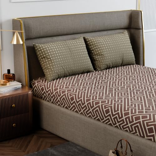 Image of Stoa Paris 100% Cotton King Size Fitted Bedsheet with 2 Pillow Covers, 180TC Printed Bedding Set, All-Season Comfort, Soft & Lightweight, Home Decor, Urbanscape - Mauve Labyrinth (182cmx198cm+30cm)