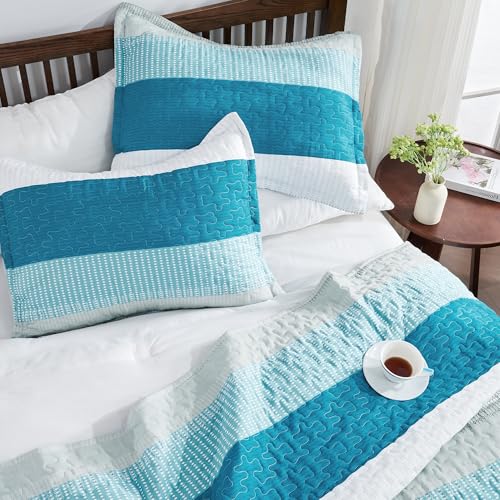 Image of Andency Teal White Quilt Queen(90x96Inch), 3 Pieces (1 Striped Quilt and 2 Pillowcases) Patchwork Bedspread Coverlet Set, Soft Lightweight Quilted Bedding Set