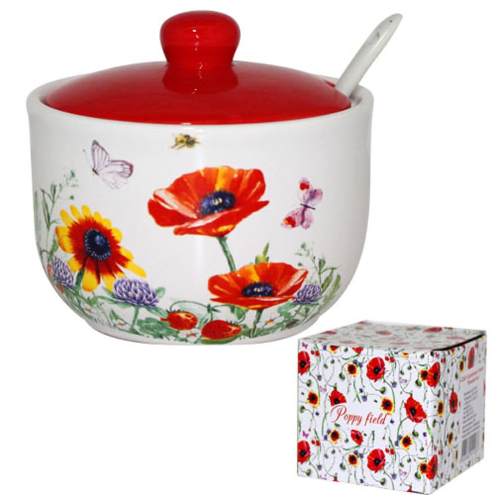 Italian Dishes Ceramic Sugar Bowl with Spoon, Sugar bowl with lid and spoon, Ceramic Sugar Bowl with Spoon, Coffee Shop Sugar Bowl, Sugar Bowl, Kitchen Decor (Red)