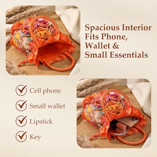 Image of TENDYCOCO Orange Women Clutches Purse, Satin Ribbon Material Lace Floral Bucket Evening Handbag, Flower Shaped Clutch, Phone Purse Mini Bag for Wedding, Prom, Party
