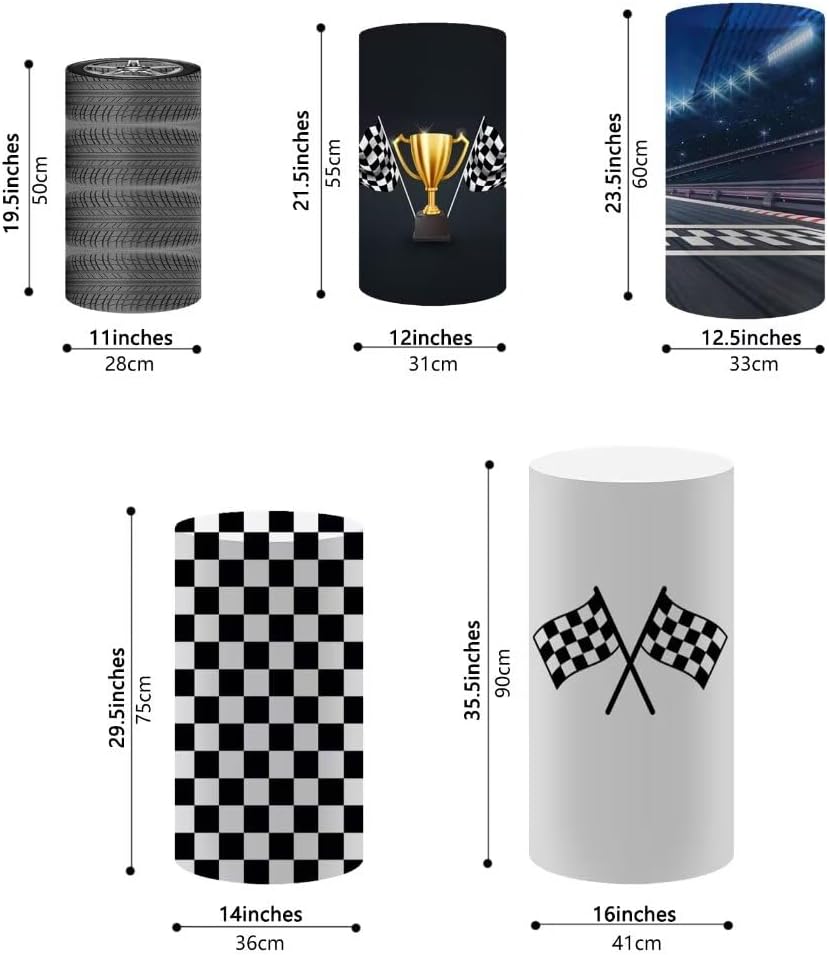 Set of 5 pcs Racing Party Decorations Cylinder Plinth Table Covers,Race Car Theme Pedestal Stand Cover for Birthday Baby Shower Cake Desserts Tablecloth Decoration Props