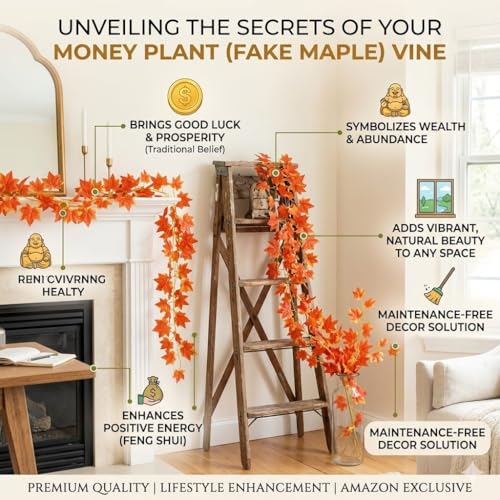 Image of SAUDEEP INDIA Artificial Red Maple Leaf Garland Vine | 7.2 Feet Hanging Bel Creeper with Realistic Fall Leaves | Fake Ivy for Home Decor, Balcony, Garden, Wedding & Festival Decoration (12 Vines)
