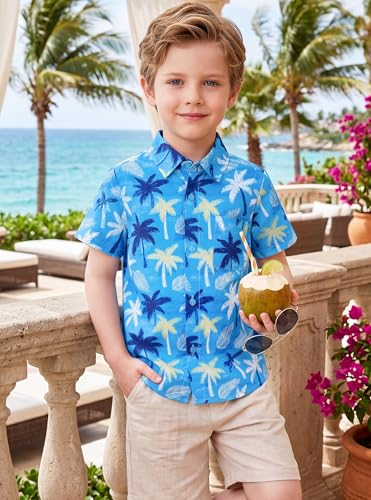 Image of Boys Hawaiian Button Down Shirt, Pure Combed Cotton Short Sleeve Size 3-15Y | Pure Combed Cotton, Smooth 60s yarn, Tagless Label, Pilling-Resistant, Shrink-Resistant, Fade-Resistant, Machine Washable