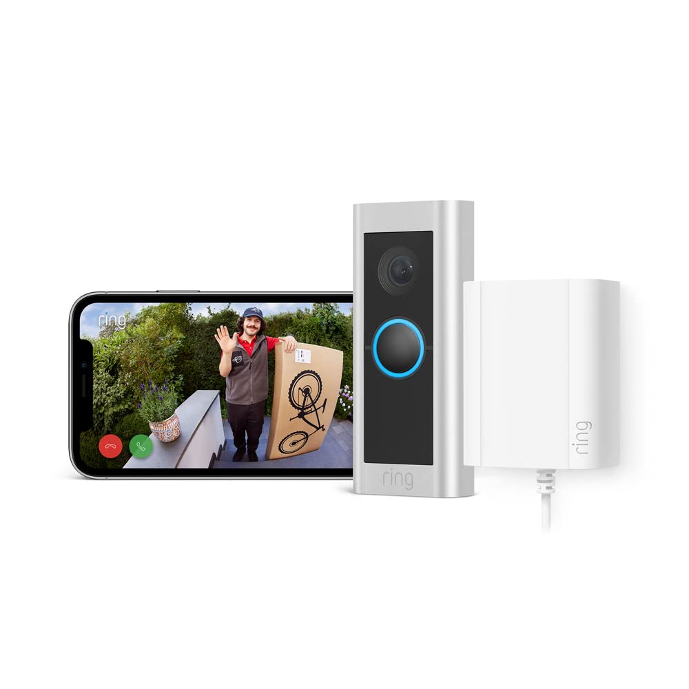 Ring Ring Wired Video Doorbell Pro (Video Doorbell Pro 2) + Plug-In Adaptor | Doorbell camera 1536p HD, Head to Toe Video, 3D Motion Detection, Bird's Eye View | 30-day free trial of Ring Home
