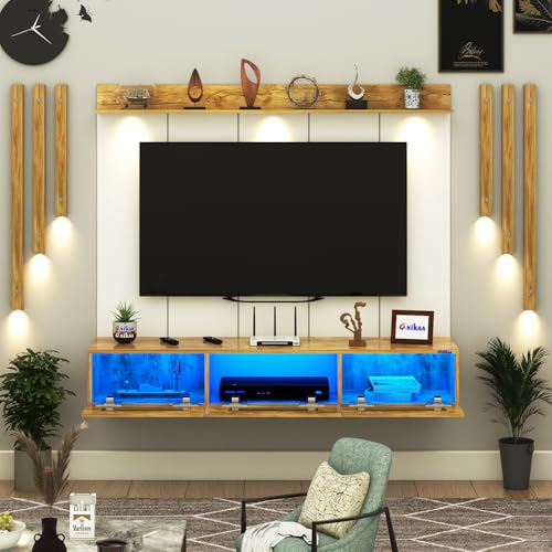 Image of Anikaa RayzaPro Engineered Wood Wall Mount TV Unit with PVC Back Panel, Acrylic Blue LED Storage Box, Side Wooden Accent Spot Light Panels I Deal for Up to 50 Inch TV (Giantwood - DIY Installation)