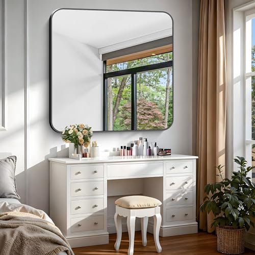 Image of Black Bathroom Mirror, 38x40 inch Aluminum Metal Frame Rectangular Vanity Mirror, Large Wall Mounted Rectangle Mirrors with Rounded Corner for Over Sink Bedroom Living Room Horizontal /Vertical