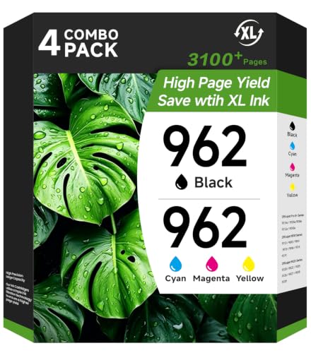 962 Ink Replacement for HP 962 HP962 Ink Cartridges Combo Pack Work with HP OfficeJet Pro 9015e 9018e 9025e 9012e 9015 9010 9012 9018 9020 9025 (4-Pack, Black Cyan Yellow Magenta)