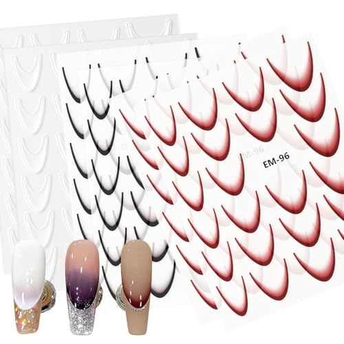 6 Sheets French Tips Nail Stickers for Nail Art, Gradient French Manicure Decals with Curve Stripe Lines in Red, White, Black Colors, Self-Adhesive Nail Art Stickers for French Manicure and Nail