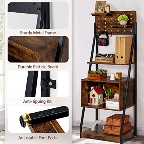 Lavievert 5-Tier Bookshelf With Pegboard Floating Shelves, Industrial Vintage Bookcase, Freestanding Display Storage Rack Shelf With 6 Removable Metal Hooks For Home Office - Rustic Brown #TOP5