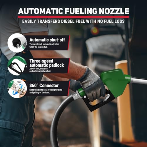 Portable Fuel Tank, 50 Gallon for Gasoline & Diesel, Fuel Tank with 12V Transfer Pump and 13.1ft Rubber Hose, 10.6 GPM Diesel Transfer Tank, Auto Fueling Nozzle, for Easy Fuel Transportation, Black