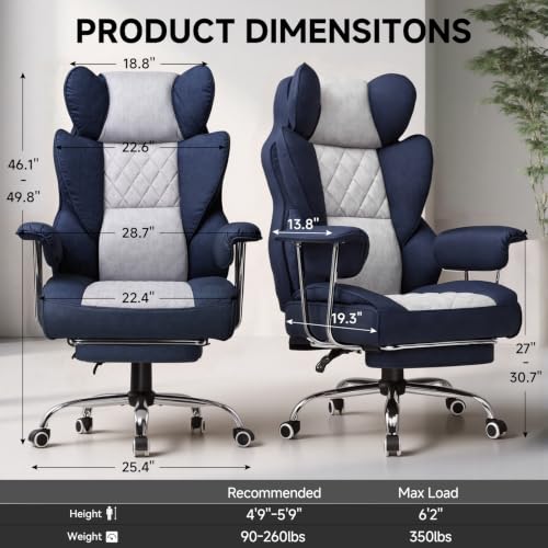 Image of GTPLAYER Gaming Chair,Office Chair with Pocket Spring Lumbar Support, Ergonomic Comfortable Wide Office Desk Computer Chair with Outward Fixed Soft Armrests and Footrest (Fabric, Dark Blue & White)
