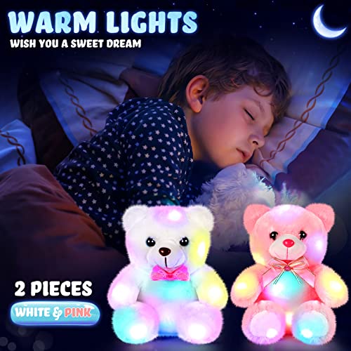 Skylety 2 Pieces Led Bear 8.6 Inch Stuffed Animal Soft Light Plush Toy, Valentines Bear, Colorful Glowing Bear For Kids Baby Boys Girls Birthday Girlfriend Mother's Day, Pink And White #TOP1