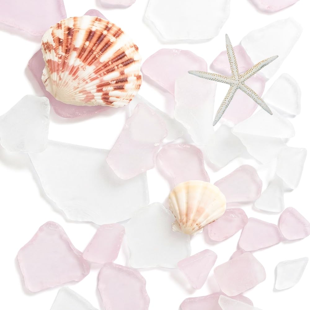 White Pink Sea Glass 10oz Bulk Mix with 2 Pieces Seashells - Genuine Beach Tumbled Glass Pieces for Crafts, Vase Filler, Coastal Home Decor, DIY Projects, Gift Filling โ image 1