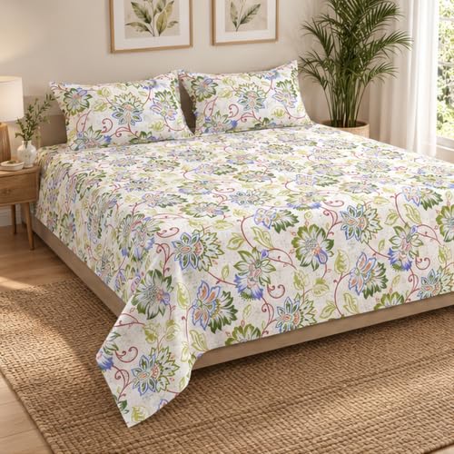 Bombay Dyeing Cardinal Floral Green Super King Size Bedsheet Set (3 Pc)