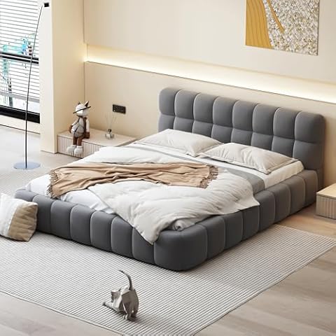 Upholstered Platform Bed Grounded Bed, Solid Wood Queen Size Platform Bed Frame with Unique Design Thick Fabric Headboard, Kids Adults Bedroom Furniture Linen Upholstered Bed Floor Bed (Gray Bed) Cover