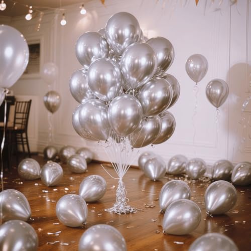 Image of 300 Pcs Metallic Silver Balloons 12 Inch Silver Chrome Balloon for Wedding, Birthday, Baby Shower Party Decorations