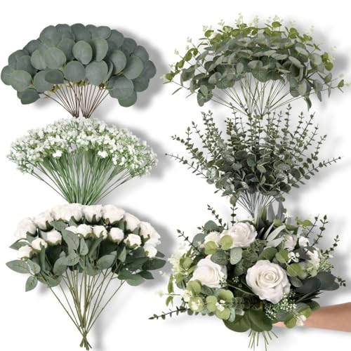 Soklopi 110 Pcs Artificial Eucalyptus Stems and Faux Flowers, 5 Kinds Greenery Stems Bulk, Fake Silver Dollar Eucalyptus Leaves Artificial White Roses for Wedding Decor Vase Centerpieces DIY Bouquet