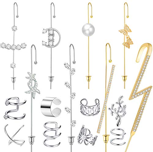 Cocamiky Ear Wrap Crawler Hook Earrings Sparking Cubic Zirconia Earcuffs Gold Silver Climber Piercing Cartilage Hypoallergenic Earrings 16Pcs Set for Women Girls