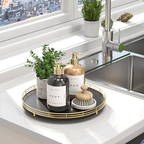 Image of 13 inch Oak Wood Bathroom Tray for Counter, Vanity Tray for Perfume Lotion Candle Makeup Jewelry Sink Soap Holder Turntable Dresser Organizer Countertop Coffee Table Decor Organization and Storage Gold