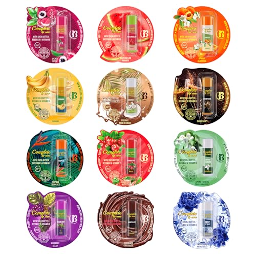 Set Completo di Balsami Labbra - 12 balsami con burro di karité, cera d’api e vitamina E, confezionati singolarmente, in gusti assortiti - Set regalo idratante, con ingredienti naturali, marchio 100%
