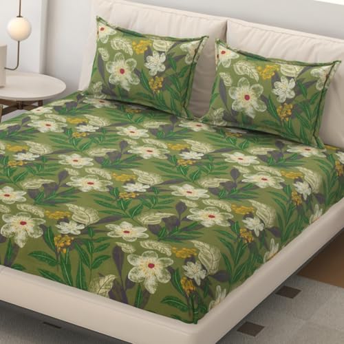 Image of SEJ by Nisha Gupta Bedsheet for Double Bed with Pillow Cover | 300 Tc Cotton Feel Microfibre Floral Printed Soft Bed Sheet & Wrinkle Free | Perfect for Home Decor | Size 230 X 240 Cm Green
