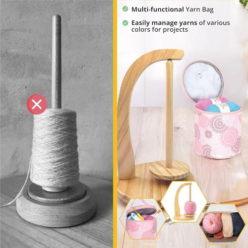 Image of Alylla Wooden Yarn Holder and Spinner, Crochet Organizer for Balls, Skeins and Spindles, Craft Caddy with Storage Bag for Accessories