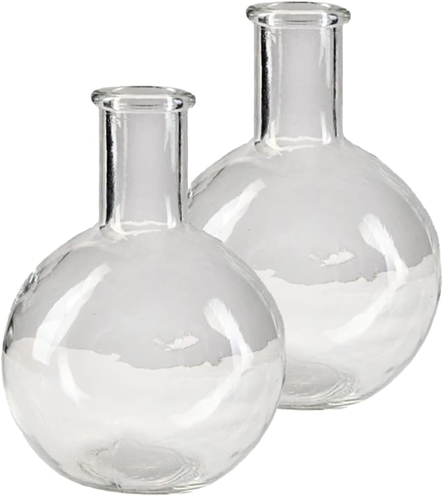 Serene Spaces Living Clear Bottleneck Bulb Glass Vase, Vintage Round Flower Vase for Console Table, Shelf, Living Room, Bathroom, Office, Wedding, Measures 5.3" Diameter & 7.48" Tall, Pack of 16