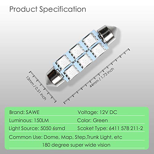 Sawe - 44Mm 6-Smd 5050 Festoon Dome Map Interior Led Light Bulbs Lamp For 6411 578 211-2 212-2 (10 Pieces) (Green) #TOP1