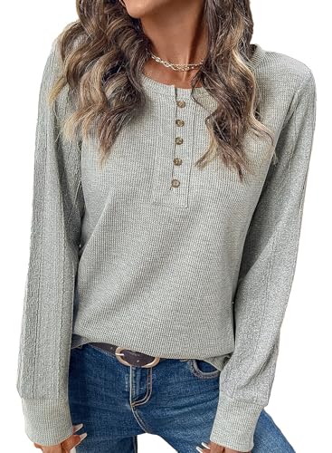 BLENCOT Womens Waffle Knit Tops Casual Long Sleeve Button Down Henley Basic Shirts