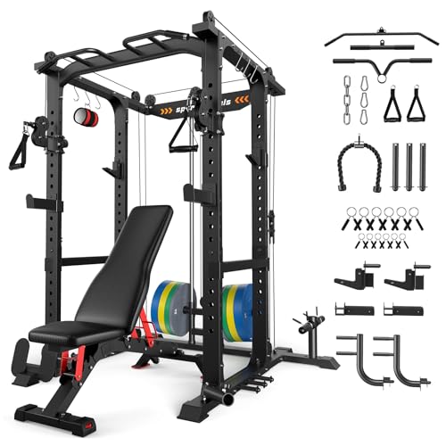 Sportsroyals Power Cage 1600lbs Power Rack with Adjustable Cable Crossover, Multi-Function Squat Rack with Pulley System and Training Attachments for