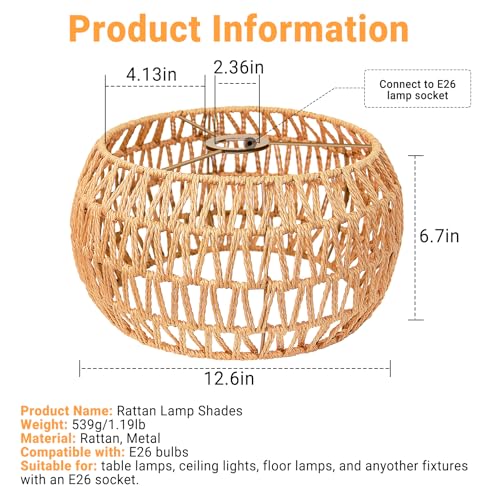 Image of Hanging Light Lamp Shades Boho Rattan Lamp Shades, Woven LampShades for Floor Lamps Rattan Pendant Lights Boho Lamp Ceiling Light, Table Lamps, Plug in Pendant Light