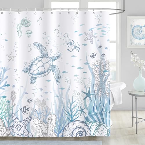 Dazzlewall Meeresschildkröten Duschvorhang Blauer Ozean Maritim Meer Korallen 180x180cm, Wasserdichter Badezimmer Vorhang Anti-Schimmel Polyester Stoff mit 12 Haken