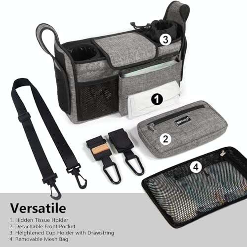Image of TOPDesign Universal Baby Stroller Organizer, Stroller Caddy with Detachable Mesh Bag & Heightened Insulated Cup Holders & Non-Slip Secure Hooks Accessories, Fits Most Strollers (Grey)