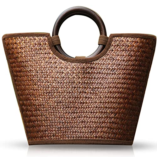 Straw Bag for Women, Summer Beach Handmade Rattan Tote Bag, Round Wooden Handle, Boho Retro Straw Woven Handbag, Large Beach Bag for Vacation (Brown)