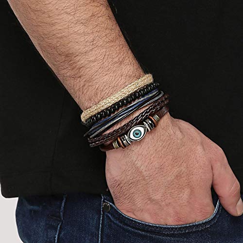 Image of Young & Forever Multi-Layer Leather Bracelet for Men | Adjustable Handmade Wrap Bracelet with Beads, Anchor, Evil Eye, Feather & Boho Charms | Vintage Punk Casual Wristband Gift for Men & Boys