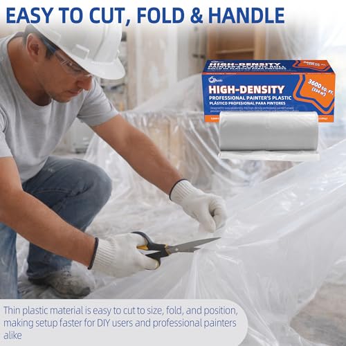 Image of High-Density Plastic Sheeting Roll 9 ft x 400 ft, 0.35 Mil Clear Painter's Plastic Drop Cloth for Paint Overspray, Dust & Renovation Protection - Floor, Furniture & Window Cover