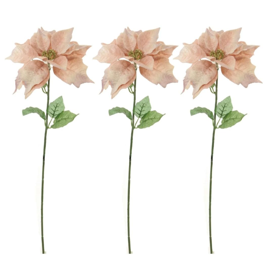 Angraves Pink Set Of 3 Velvet Poinsettia With Gold Glitter Centre Artificial Flower Stems (64Cm)