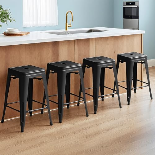 Sweetcrispy 24 Inches Metal Bar Stools Set of 4, Backless Counter Height Bar Stools for Kitchen, Outdoor Stackable Stools – No Assembly Required & Scratch-Resistant, Black