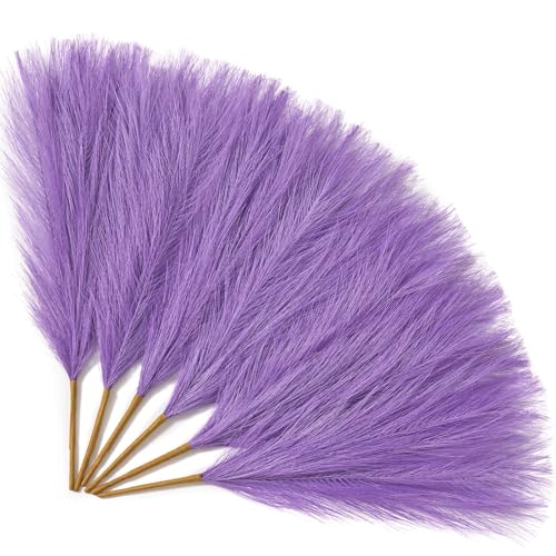 Image of Serwalin 6PCS Pampas Grass Decor, 17.7Inch Purple Artificial Pampas Grass Fluffy Fake Pompas Vase Filler Flower Arrangement for Home Wedding Decor